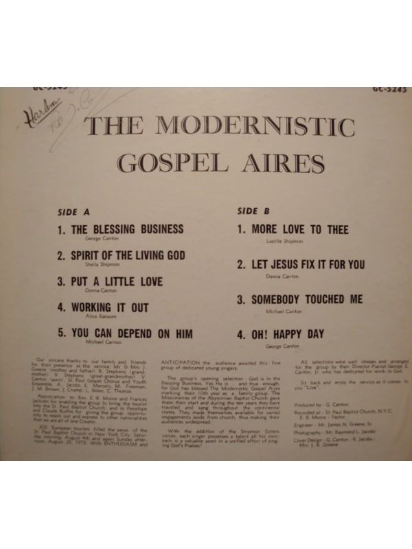 THE MODERNISTIC GOSPEL AIRES blessing business/more love to thee LIVE LP VG++
