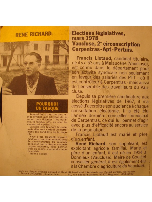 FRANCIS LIOTAUD entretien candidat parti communiste législative 1978 Vaucluse SP VG++