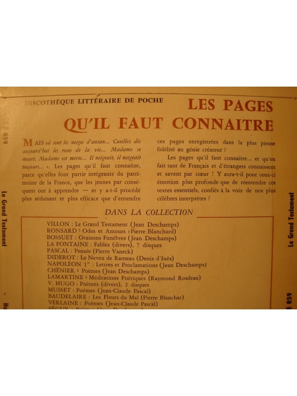 VILLON le grand testament DESCHAMPS/BOVY EP 7" ballade pr prier notre-dame VG++