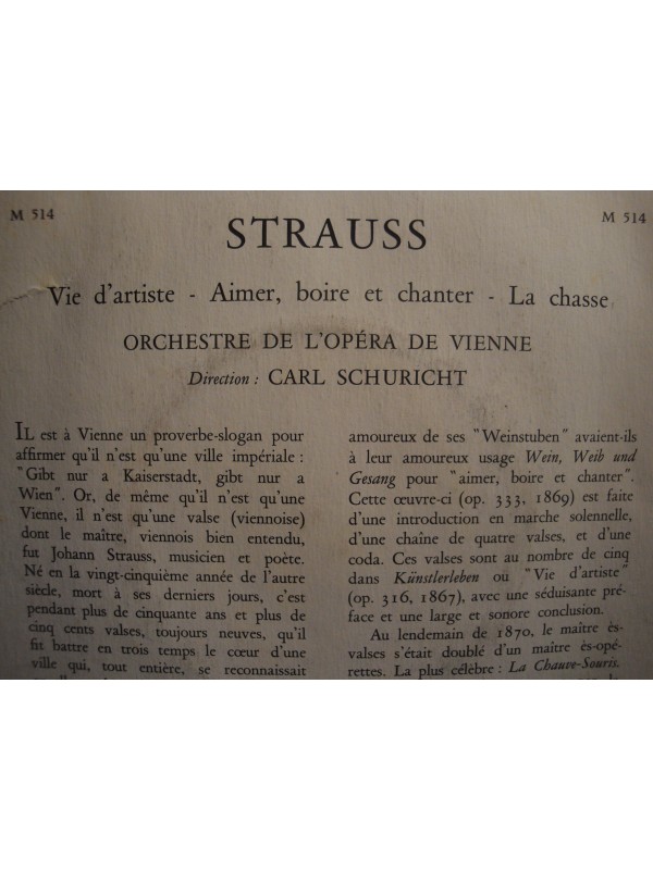 CARL SCHURICHT/VIENNE vie d'artiste/la chasse STRAUSS EP 7" VG++