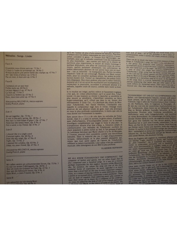 ALEXANDRINA MILCHEVA/SVELTA PROTICH mélodies TCHAIKOVSKY LP 1984 Harmonia mundi VG++