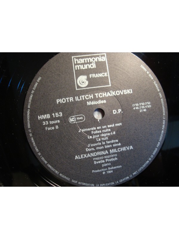 ALEXANDRINA MILCHEVA/SVELTA PROTICH mélodies TCHAIKOVSKY LP 1984 Harmonia mundi VG++