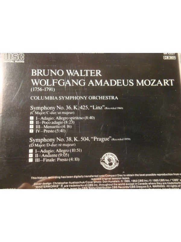BRUNO WALTER/COLUMBIA symphony 36-38 MOZART CD 1985 CBS
