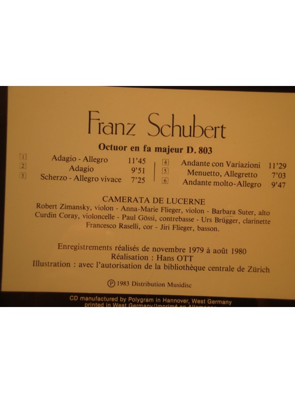 CAMERATA DE LUCERNE octuor D.803 SCHUBERT CD 1983 Accord