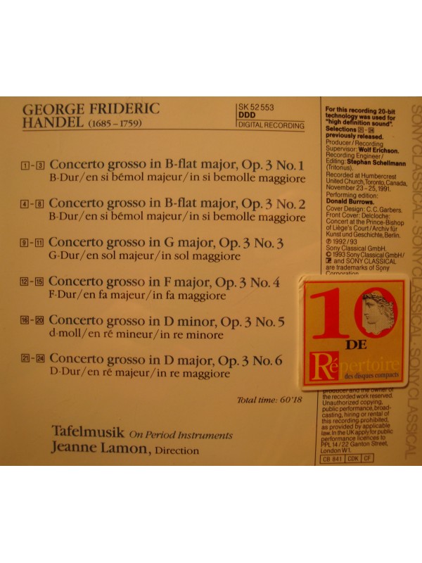 JEANNE LAMON/TAFELMUSIK concerti grossi HANDEL CD 1993 Sony