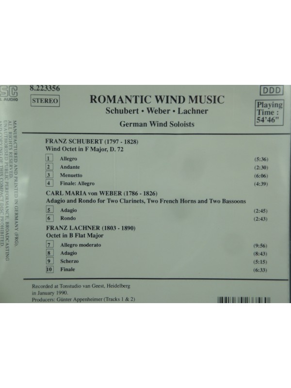 GERMAN WIND SOLOISTS romantic wind music LACHNER/SCHUBERT/WEBER CD 1990