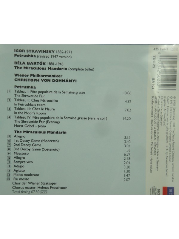 DOHNANYI/WIENER PHILHARMONIKER petrushka STRAVINSKY miraculous mandarin BARTOK CD