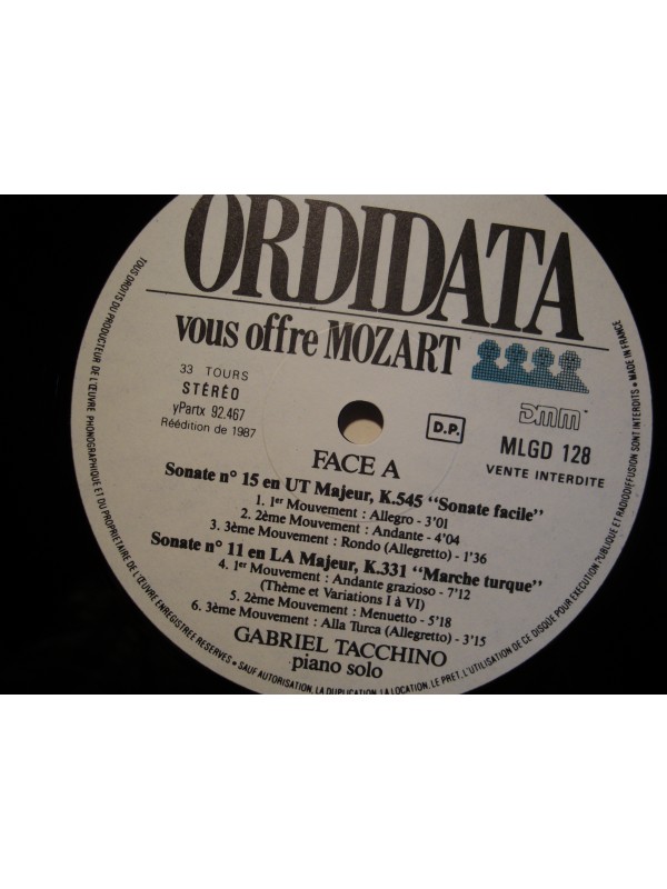 GABRIEL TACCHINO sonates n° 8/11/15/17 MOZART LP 1987 ORDIDATA publicité RARE NM++