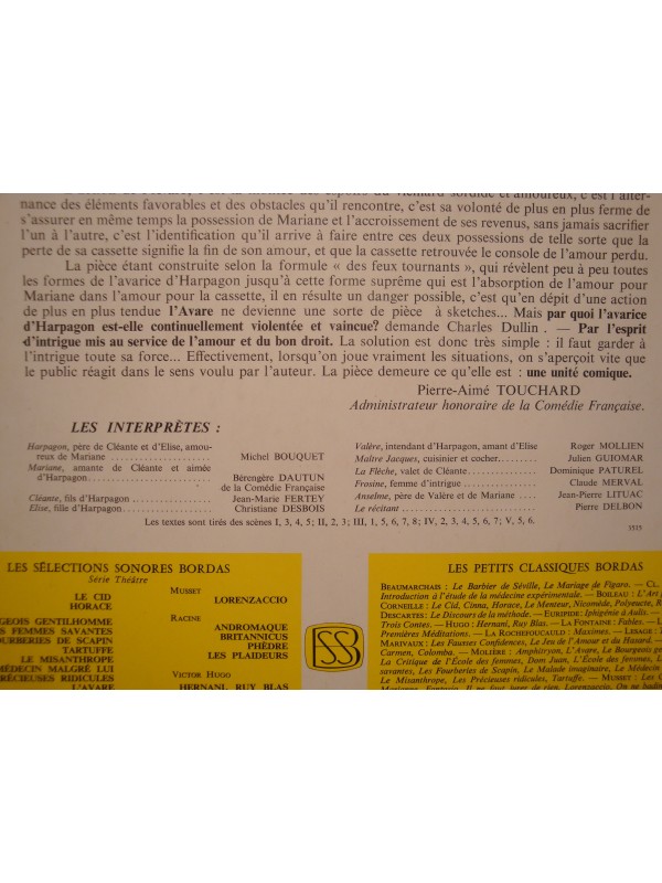 BOUQUET/DAUTUN/PATUREL/GAILLARD/BARROUX l'avare MOLIERE LP BORDAS diction VG++